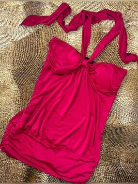 Rare Y2K ⭐️ vintage Barbie pink halter tie neck bustier top 2000s banded hem 🍸